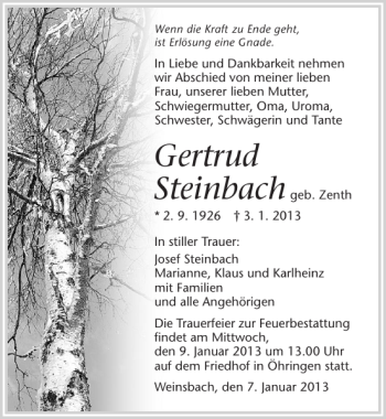 Traueranzeige von Gertrud Steinbach 