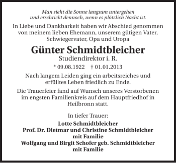 Traueranzeige von Günter Schmidtbleicher 
