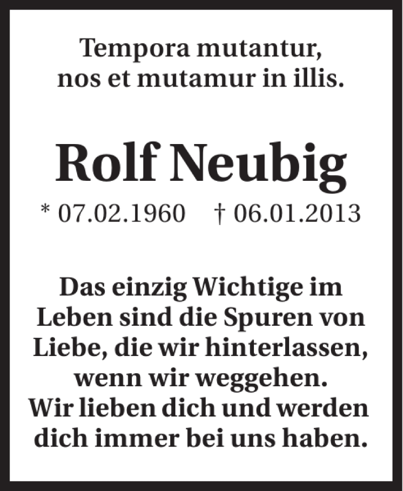  Traueranzeige für Rolf Neubig vom 10.01.2013 aus 