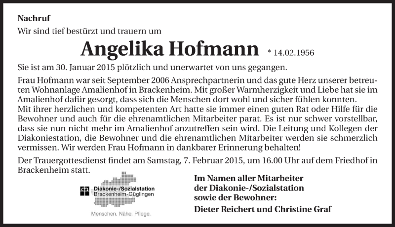  Traueranzeige für Angelika Hofmann vom 05.02.2015 aus 