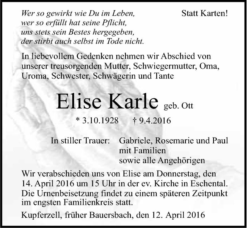  Traueranzeige für Elise Karle vom 12.04.2016 aus 