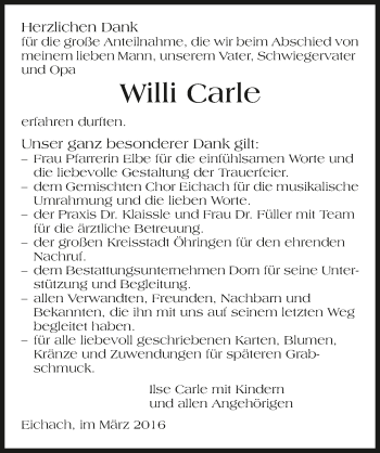 Traueranzeige von Willi Carle 