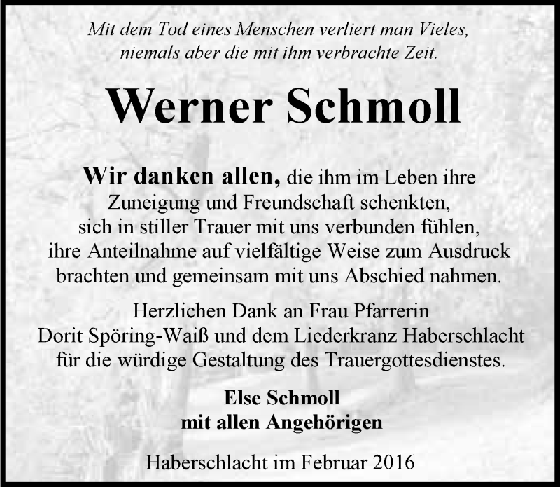  Traueranzeige für Werner Schmoll vom 03.02.2016 aus 