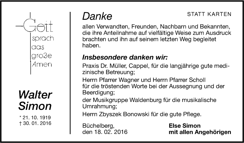  Traueranzeige für Walter Simon vom 18.02.2016 aus 