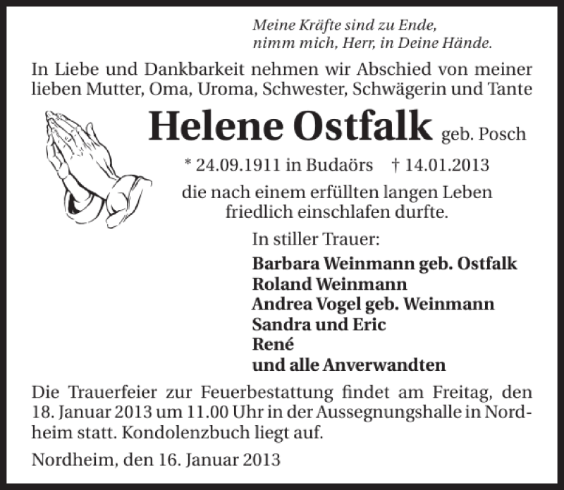 Traueranzeige für Helene Ostfalk vom 16.01.2013 aus 