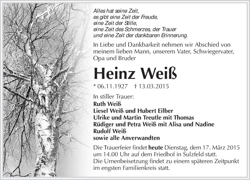  Traueranzeige für Heinz Weiß vom 17.03.2015 aus 