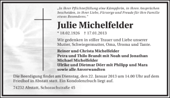 Traueranzeige von Julie Michelfelder 