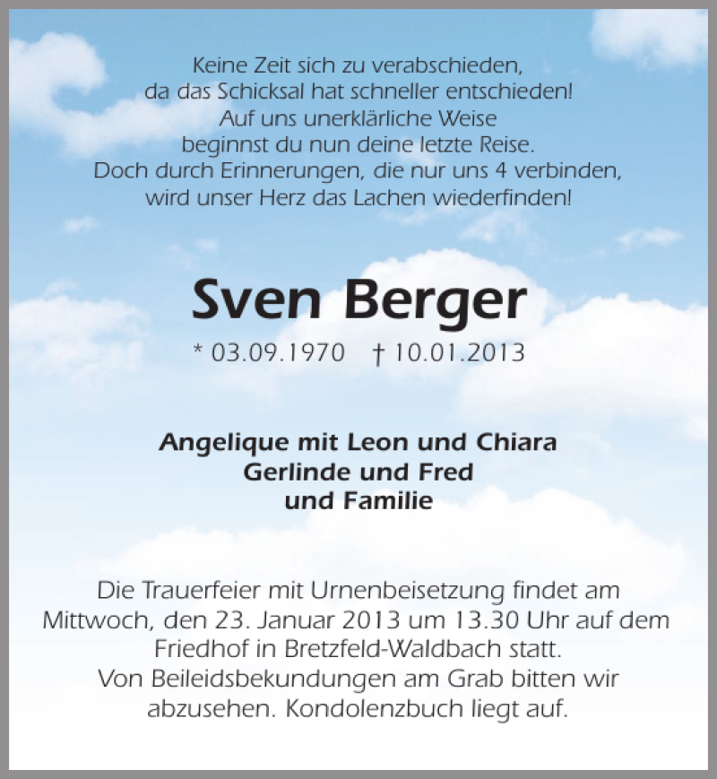  Traueranzeige für Sven Berger vom 19.01.2013 aus 
