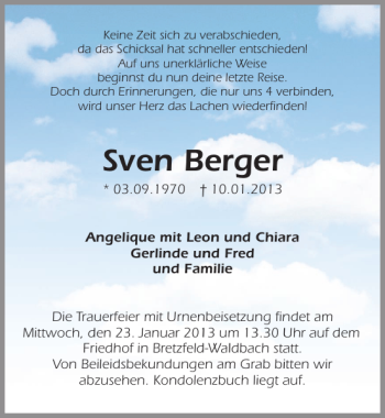 Traueranzeige von Sven Berger 