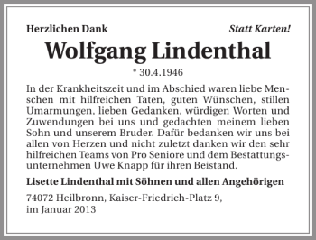 Traueranzeige von Wolfgang Lindenthal 
