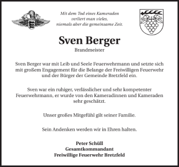 Traueranzeige von Sven Berger 