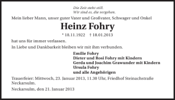 Traueranzeige von Heinz Fohry 