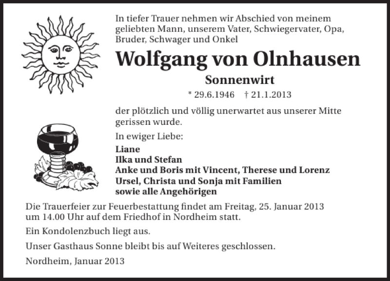  Traueranzeige für Wolfgang von Olnhausen vom 23.01.2013 aus 
