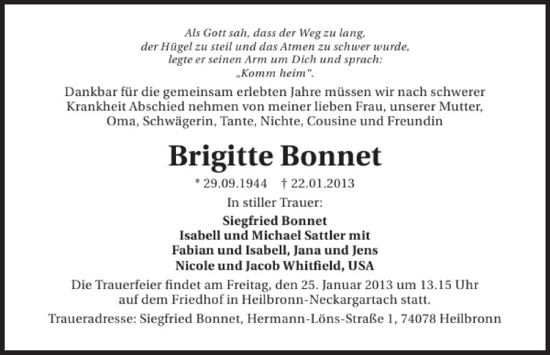  Traueranzeige für Brigitte Bonnet vom 23.01.2013 aus 