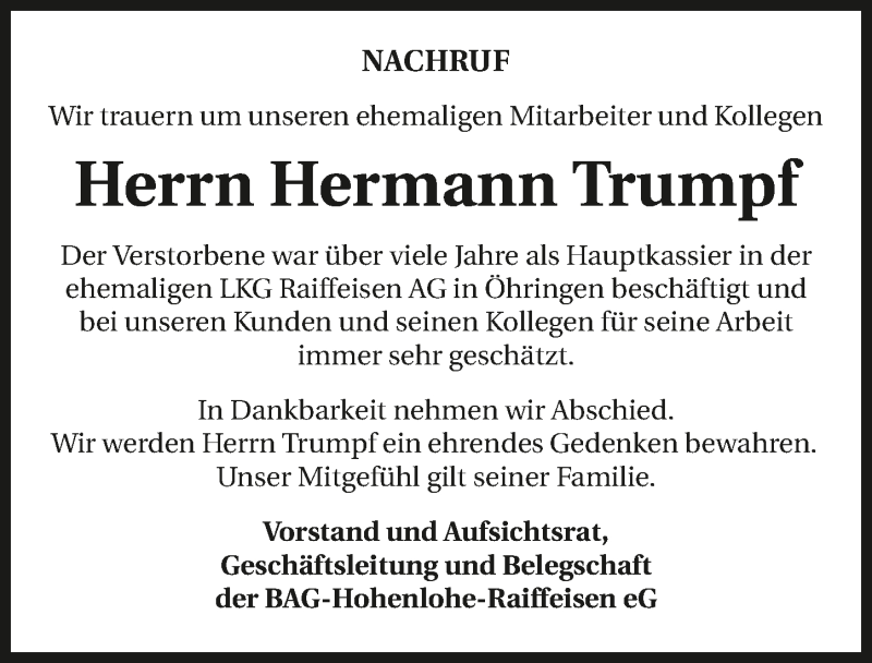 Traueranzeige für Hermann Trumpf vom 30.03.2016 aus 