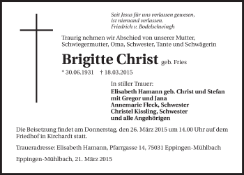 Traueranzeige von Brigitte Christ 