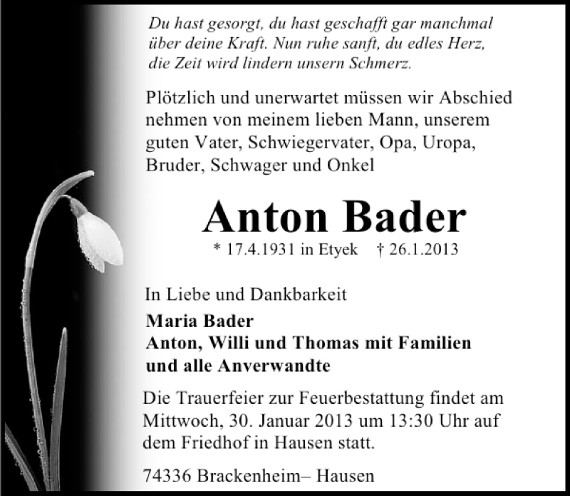  Traueranzeige für Anton Bader vom 28.01.2013 aus 