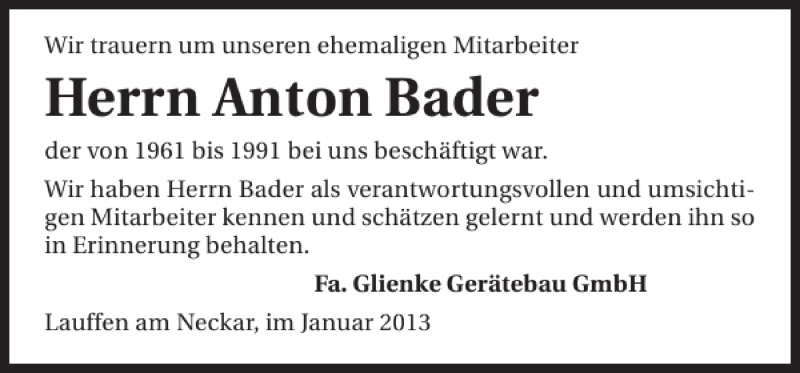  Traueranzeige für Anton Bader vom 29.01.2013 aus 