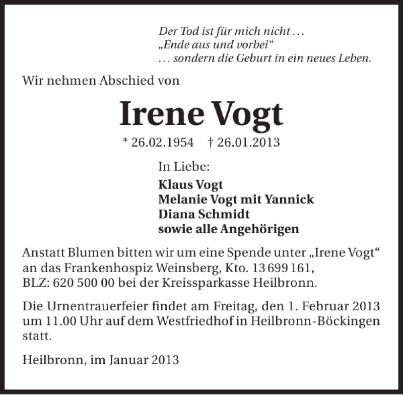  Traueranzeige für Irene Vogt vom 29.01.2013 aus 