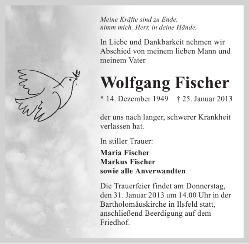  Traueranzeige für Wolfgang Fischer vom 29.01.2013 aus 