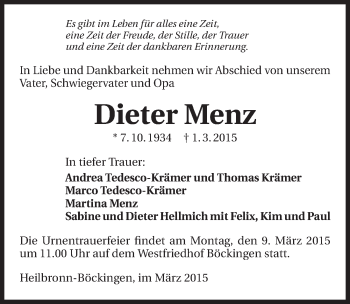 Traueranzeige von Dieter Menz 