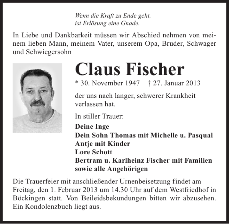  Traueranzeige für Claus Fischer vom 30.01.2013 aus 