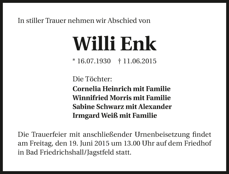  Traueranzeige für Willi Enk vom 15.06.2015 aus 