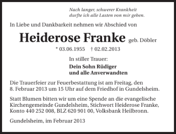 Traueranzeige von Heiderose Franke 