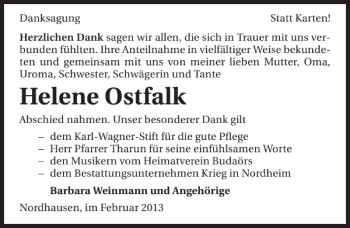 Traueranzeige von Helene Ostfalk 