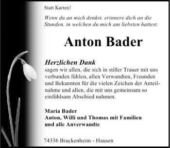 Traueranzeige von Anton Bader 