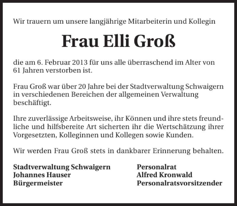  Traueranzeige für Frau Elli Groß vom 09.02.2013 aus 