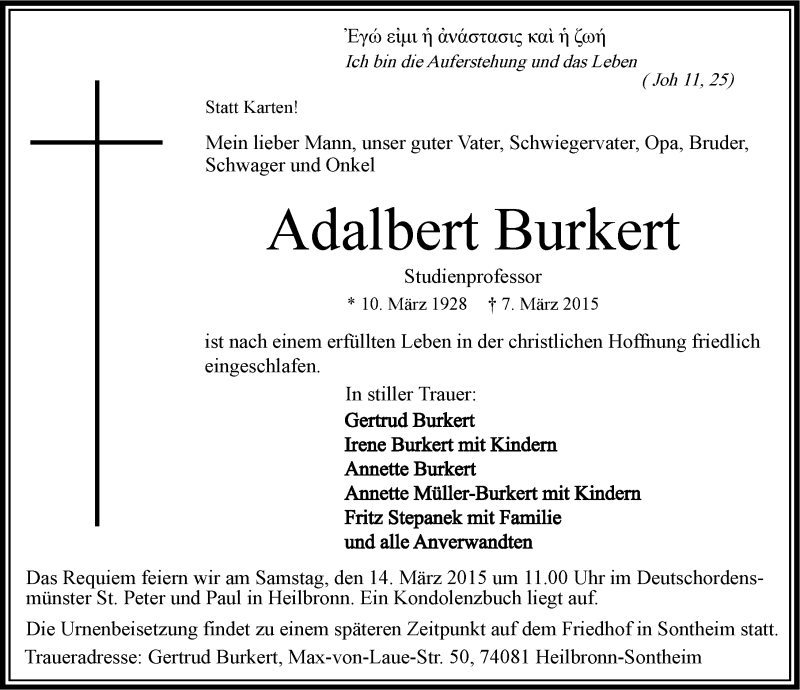  Traueranzeige für Adalbert Burkert vom 09.03.2015 aus 