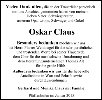 Traueranzeige von Oskar Claus 