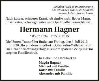 Traueranzeige von Hermann Hagner 