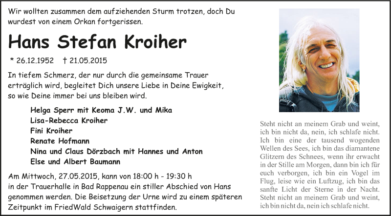  Traueranzeige für Hans Stefan Kroiher vom 26.05.2015 aus 