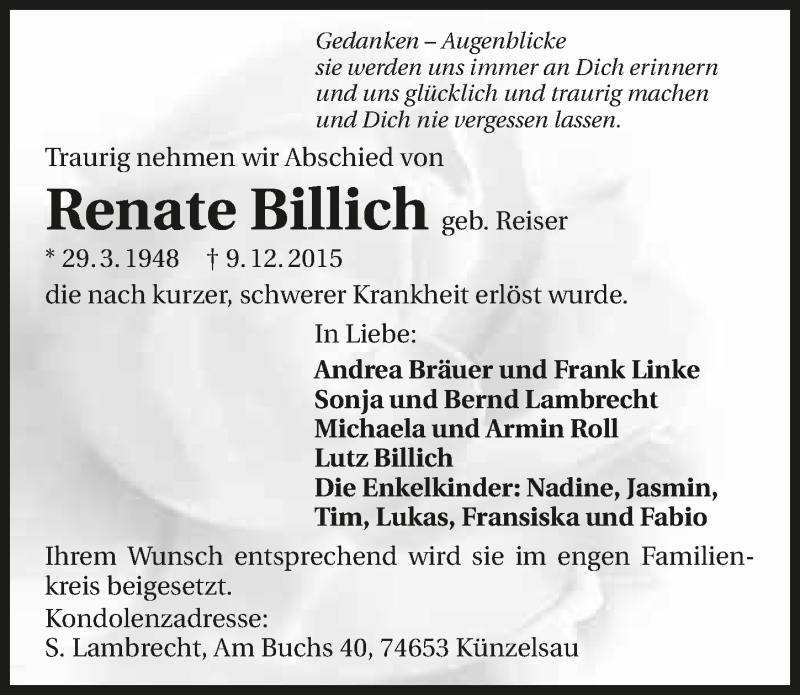  Traueranzeige für Renate Billich vom 12.12.2015 aus 