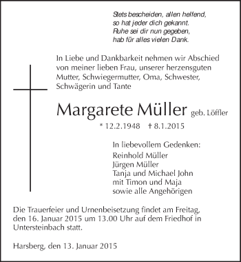 Traueranzeige von Margarete Müller 
