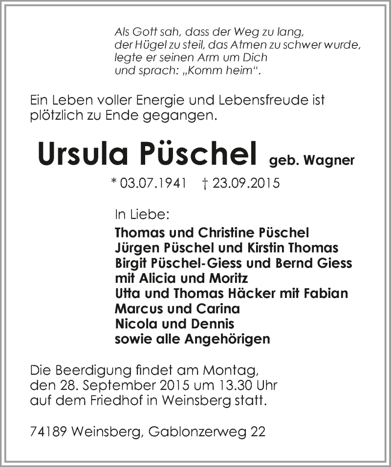  Traueranzeige für Ursula Püschel vom 25.09.2015 aus 