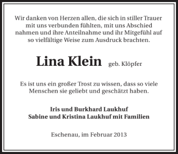 Traueranzeige von Lina Klein 