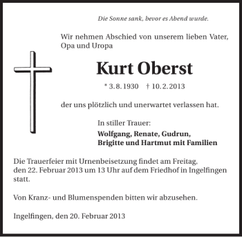 Traueranzeige von Kurt Oberst 