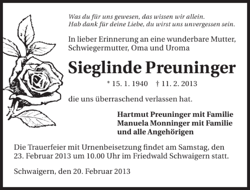  Traueranzeige für Sieglinde Preuninger vom 20.02.2013 aus 