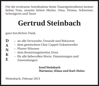Traueranzeige von Gertrud Steinbach 