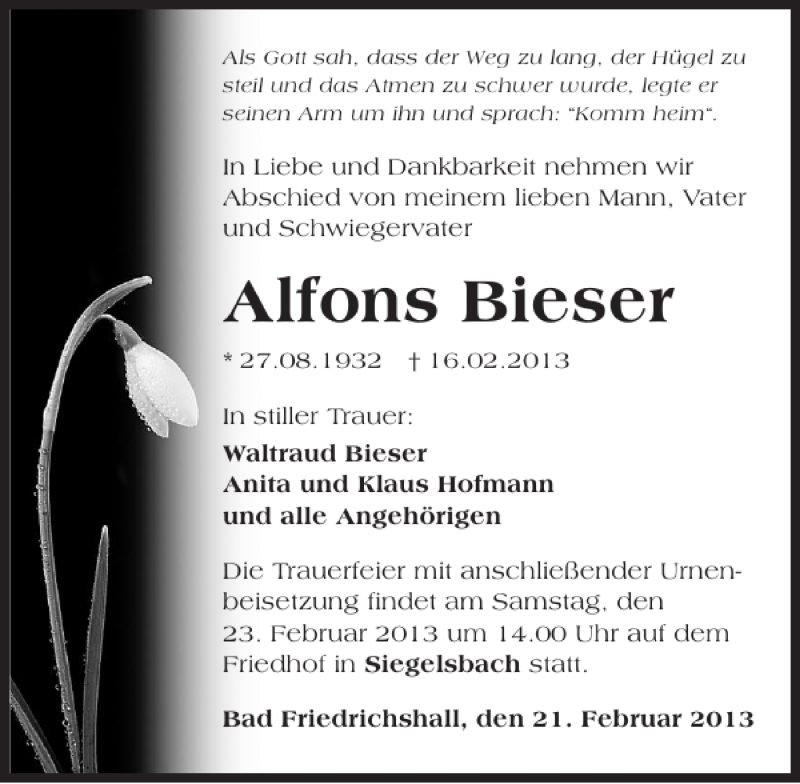  Traueranzeige für Alfons Bieser vom 21.02.2013 aus 