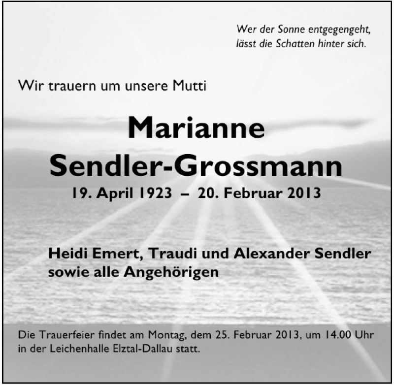  Traueranzeige für Marianne Sendler-Grossmann vom 21.02.2013 aus 