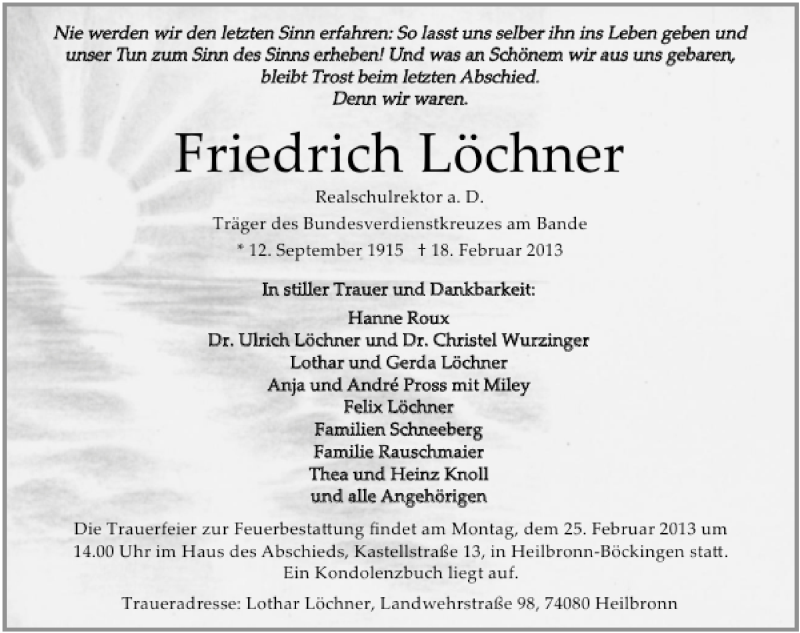  Traueranzeige für Friedrich Löchner vom 22.02.2013 aus 