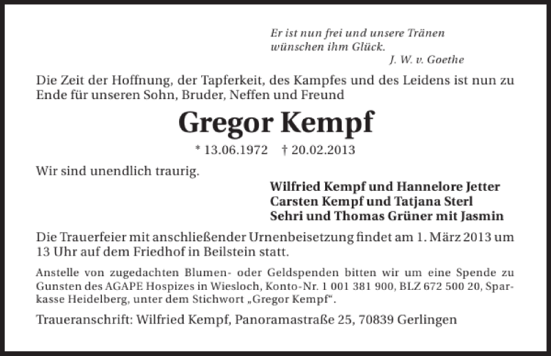  Traueranzeige für Gregor Kempf vom 23.02.2013 aus 