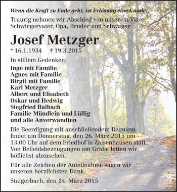 Traueranzeige von Josef Metzger 