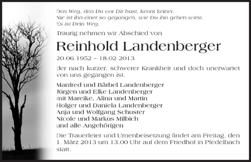  Traueranzeige für Reinhold Landenberger vom 26.02.2013 aus 