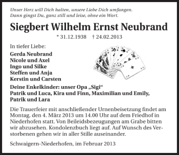 Traueranzeige von Siegbert Wilhelm Ernst Neubrand 