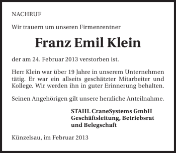 Traueranzeige von Franz Emil Klein 
